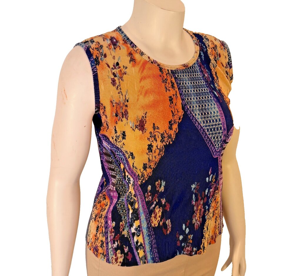 Plisse Tank Blouse Womens L Abstract Accordian Pleat Round Neck Sleeveless - Picture 3 of 10